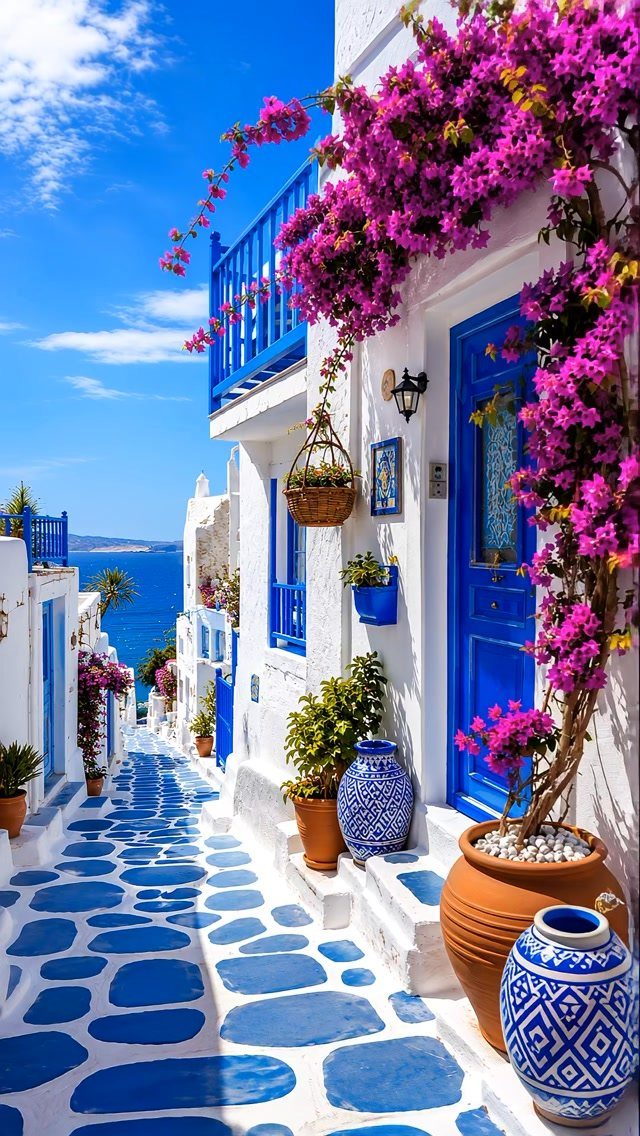 Whitewashed buildings with blue doors and pink bougainvillea along a blue cobblestone path.