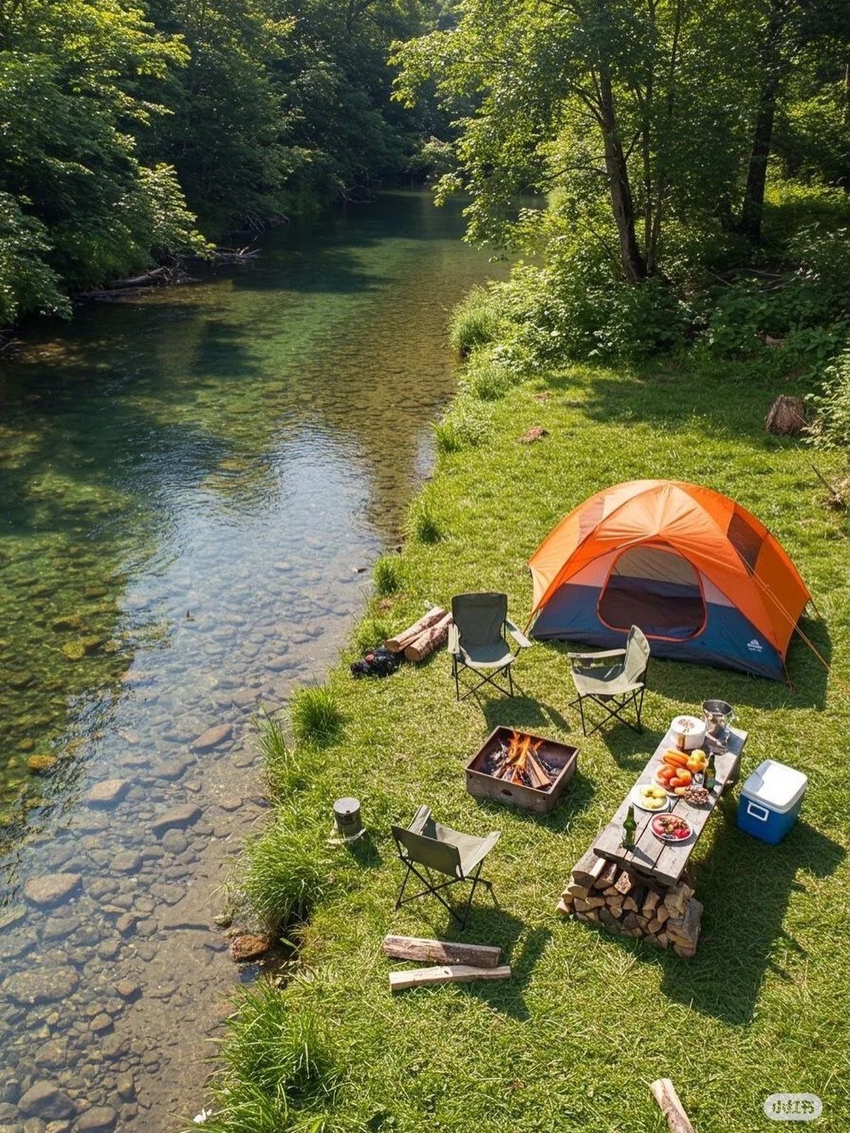 Orange camping tent and campfire setup on a grassy riverbank surrounded by forest.