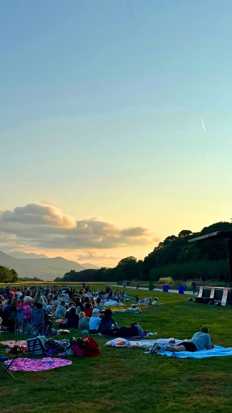 Crowd of people sitting on a grassy field watching an outdoor event at sunset.