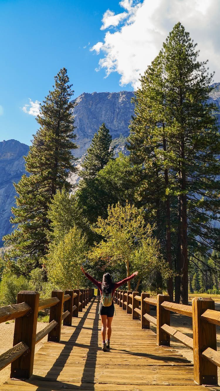 Woman on a wooden boardwalk facing tall pine trees and a mountain peak.