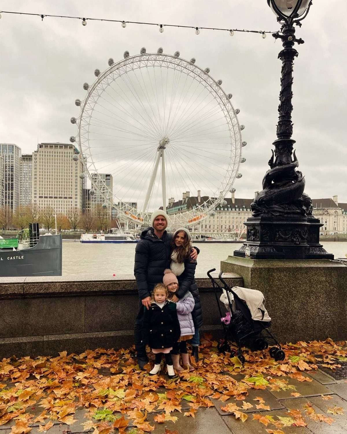 14 Places to Travel With Family: Beaches, Parks and Cities 7 Family posing in front of the London Eye with autumn leaves on the ground.
