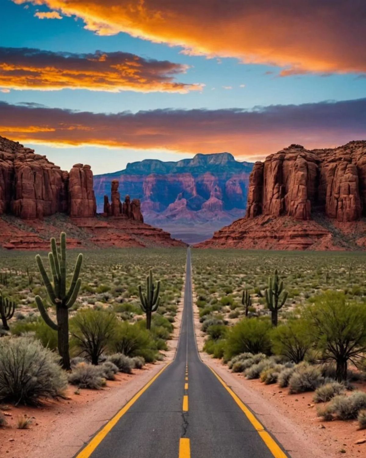 14 Places to Travel With Family: Beaches, Parks and Cities 12 Straight desert road leading toward red rock mesas under a colorful sunset sky.