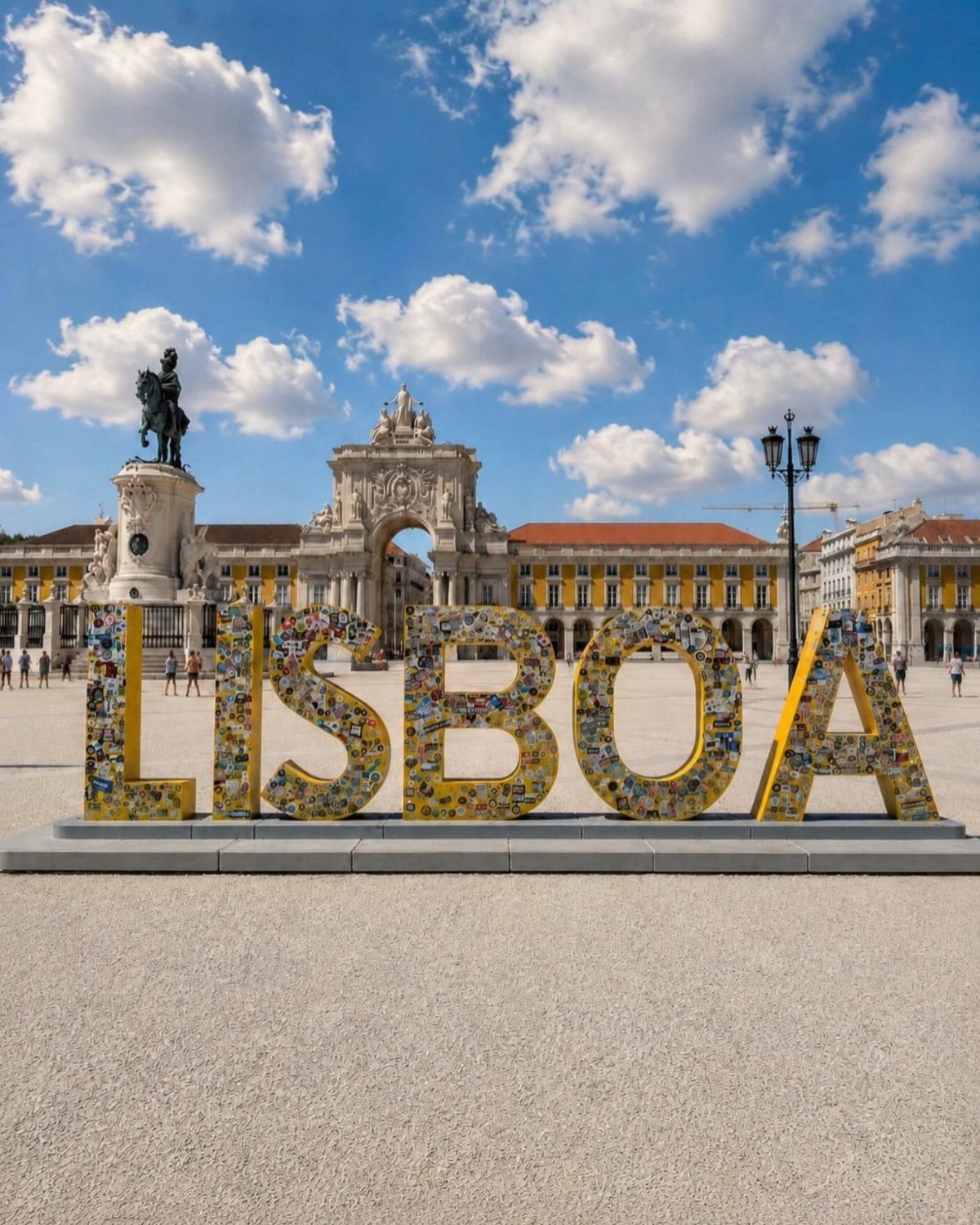 Places to Visit Around the World: 23 Ideas With Photos 4 LISBOA mosaic letters in a plaza with a triumphal arch and yellow buildings.