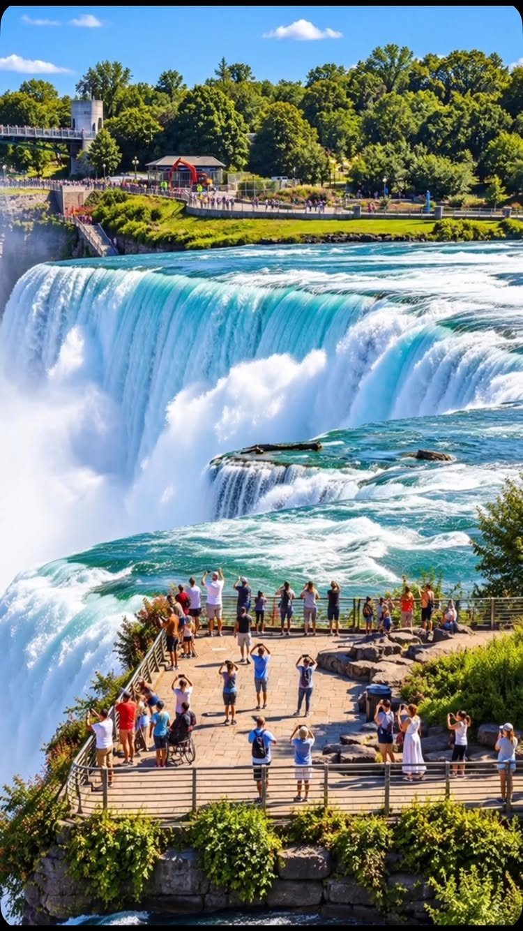 Places to Visit Around the World: 23 Ideas With Photos 11 Massive turquoise waterfall with white foam and tourists on a stone observation deck.