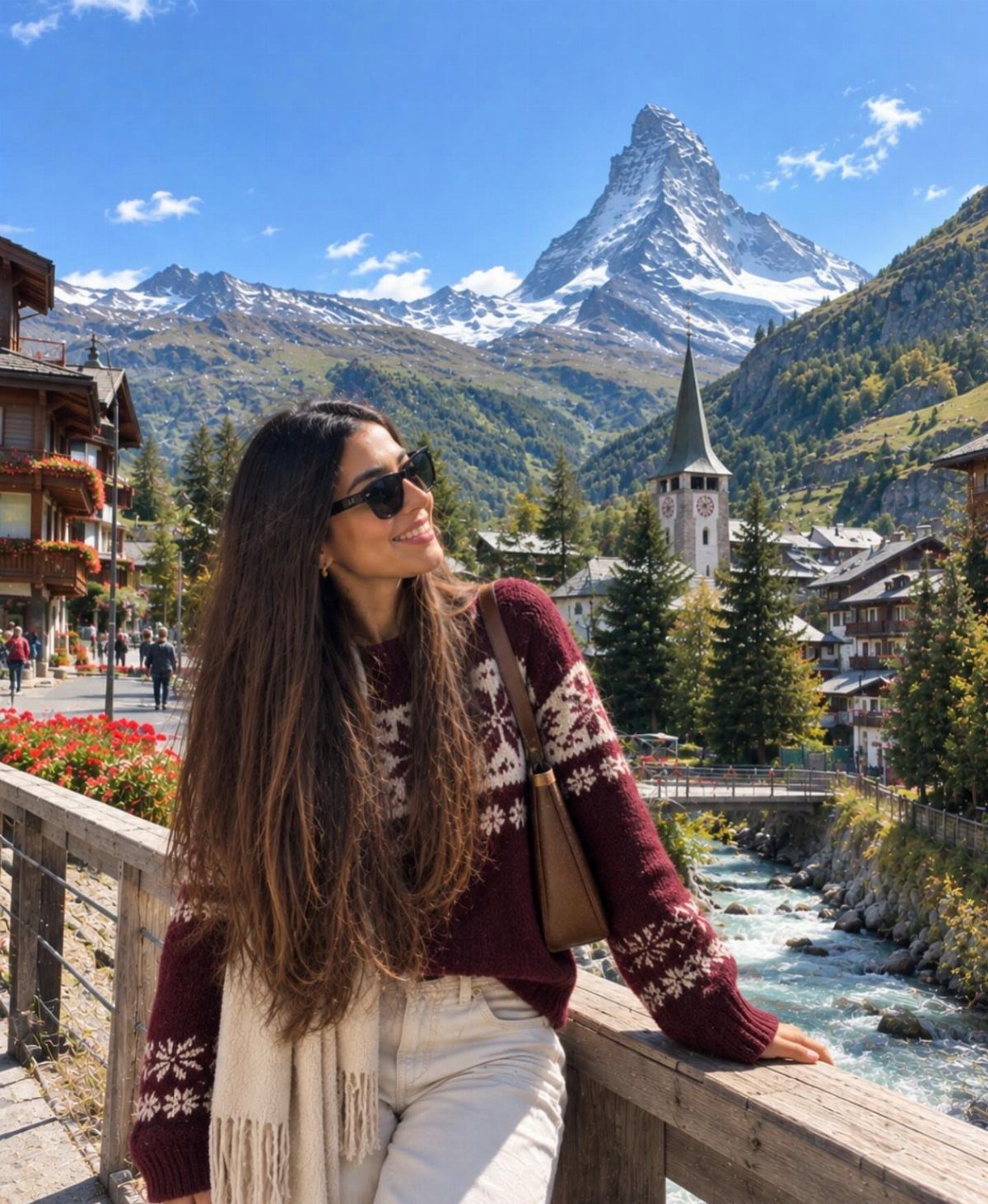 Places to Visit Around the World: 23 Ideas With Photos 3 Woman in a maroon sweater posing before the Matterhorn mountain in Zermatt, Switzerland.