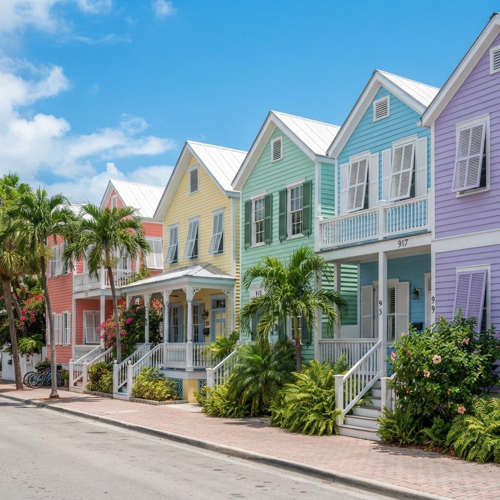 Prettiest Place to Visit: 21 Ideas Around the World 21 Colorful pastel wooden houses with white trim and palm trees along a street.