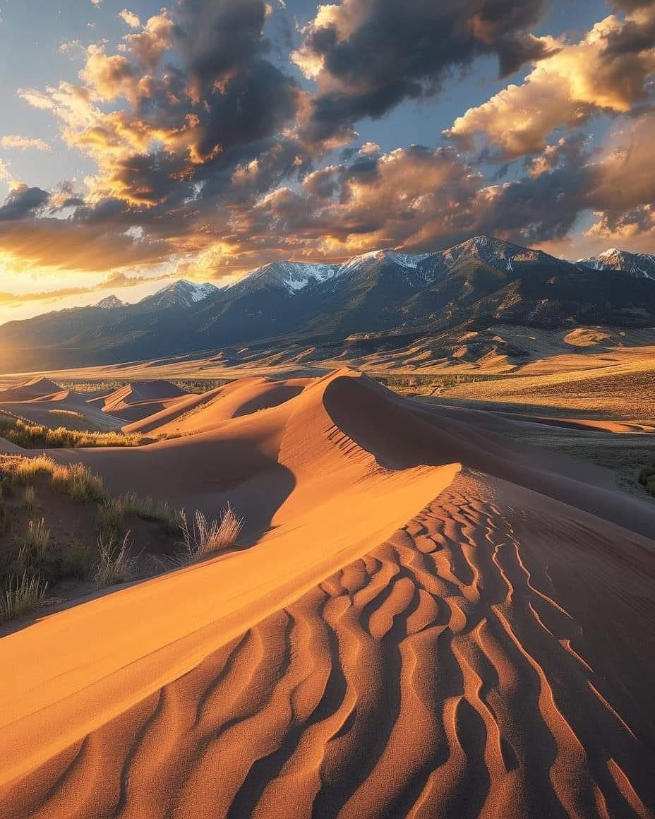 Prettiest Place to Visit: 21 Ideas Around the World 9 Golden sand dunes with ripples leading toward snow-capped mountains under a sunset sky.