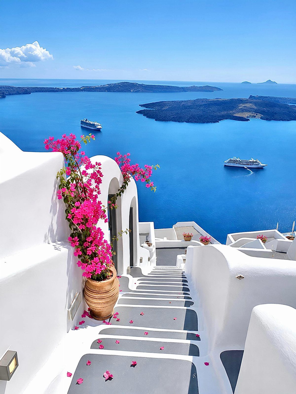 13 Pretty Countries to Visit for Coasts, Peaks and Ruins 2 White buildings and pink flowers overlooking the blue sea and islands in Greece.