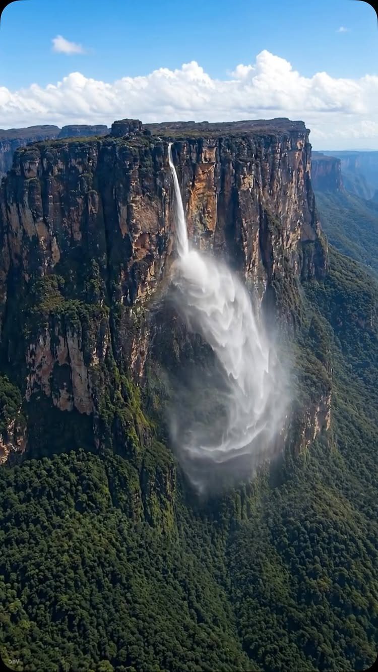 26 Pretty Places Around the World, From Fjords to Falls 13 Tall waterfall cascading down a steep rocky cliff into a dense green forest.