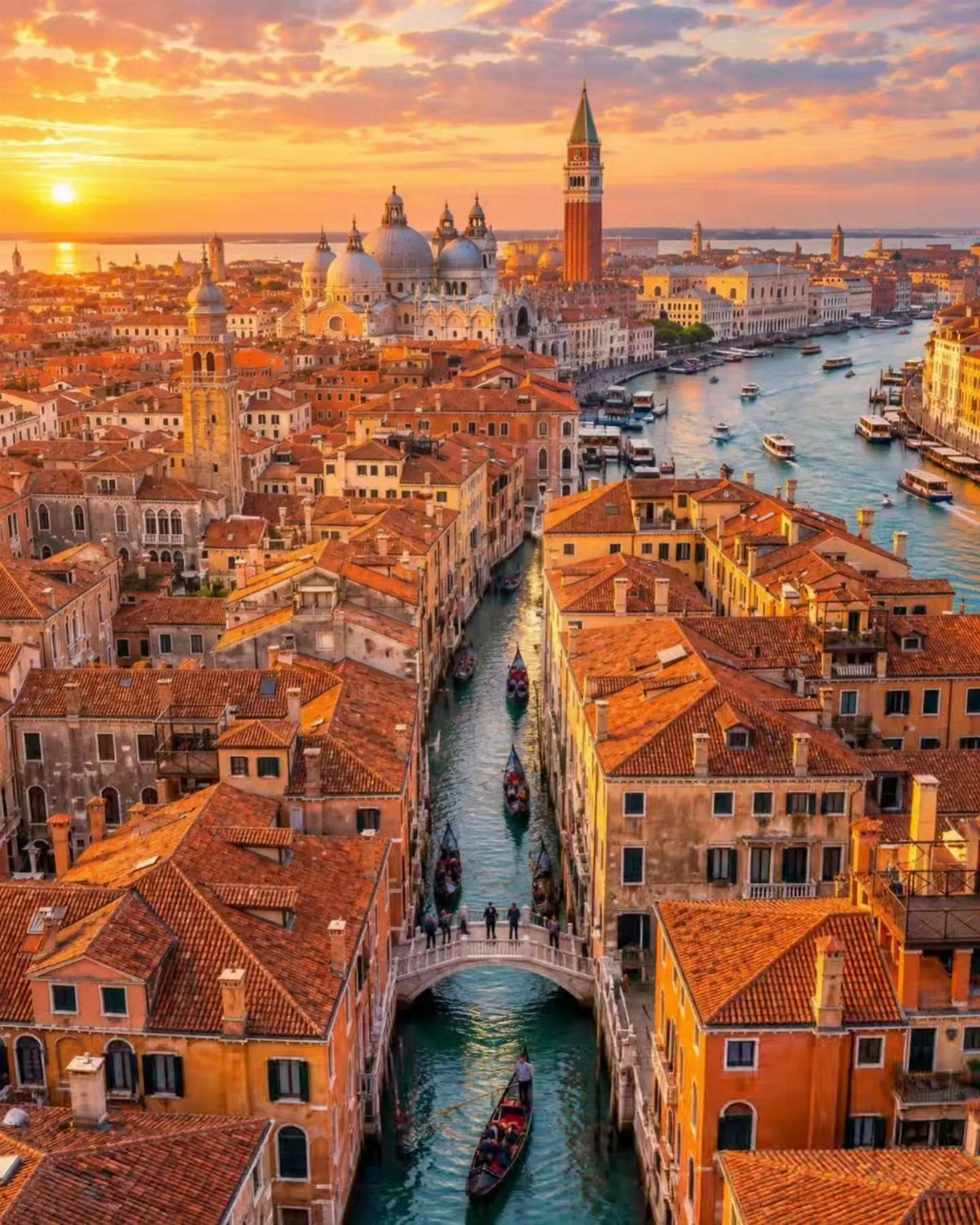 26 Pretty Places Around the World, From Fjords to Falls 14 Venice cityscape at sunset with gondolas in canals and the Grand Canal waterway.