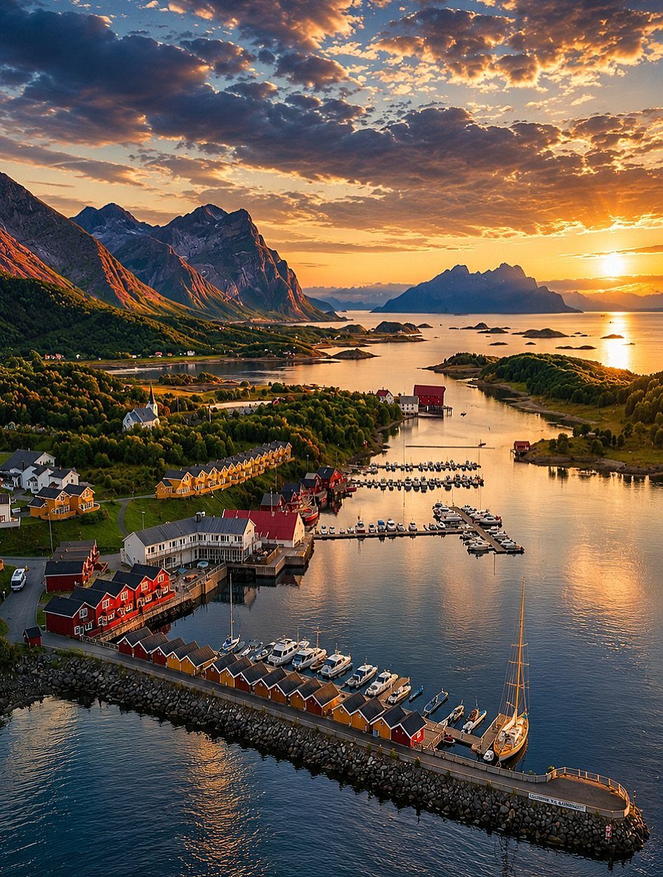 26 Pretty Places Around the World, From Fjords to Falls 11 Coastal village with colorful houses and a harbor nestled among steep Norwegian mountains.