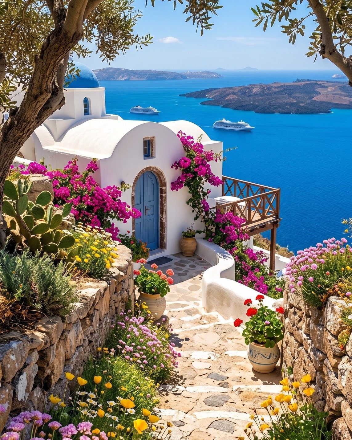 26 Pretty Places Around the World, From Fjords to Falls 7 Whitewashed buildings with blue doors and pink flowers overlooking the blue Santorini sea.
