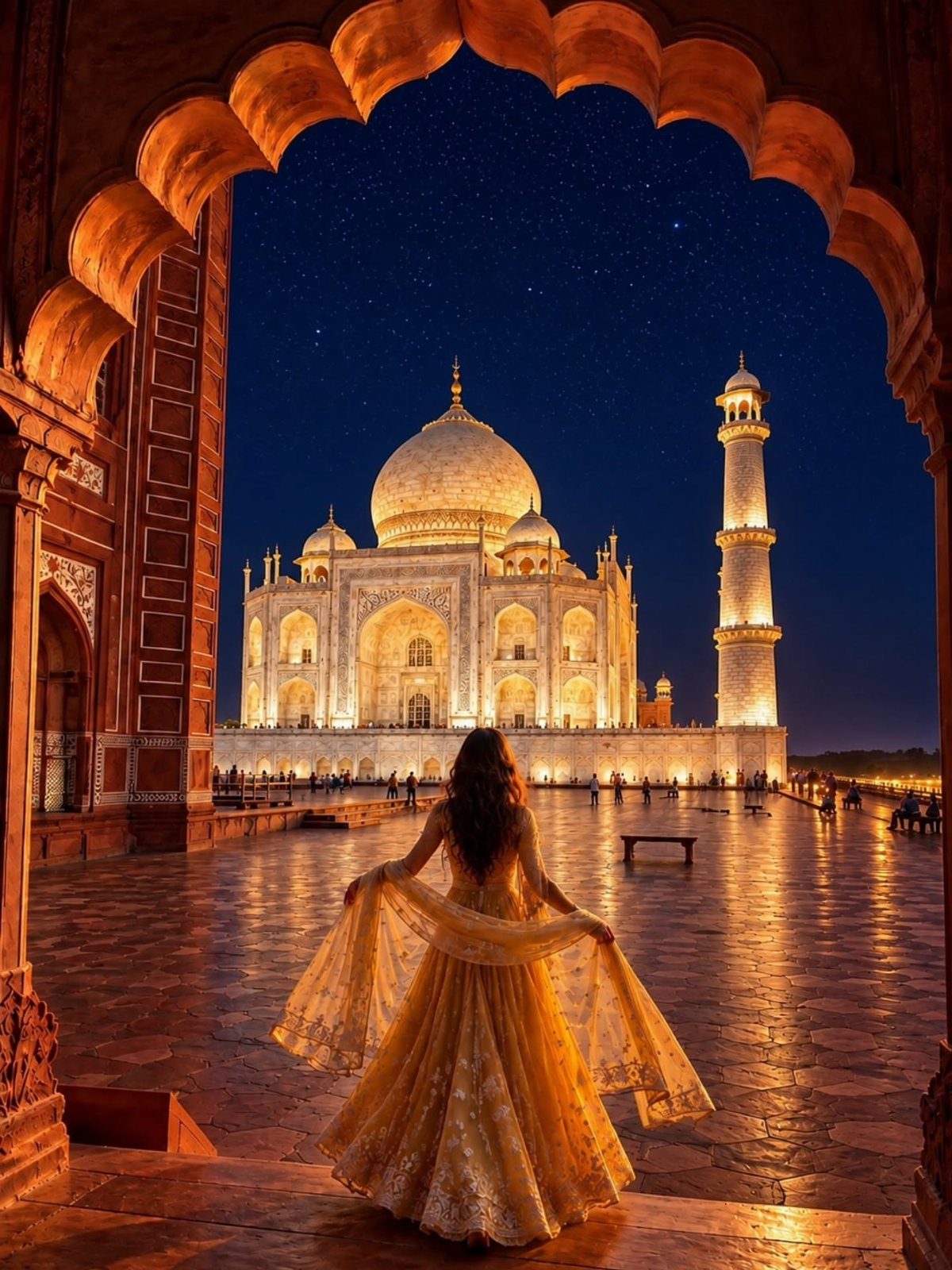 26 Pretty Places Around the World, From Fjords to Falls 1 Woman in gold dress viewing the illuminated Taj Mahal through a sandstone archway.