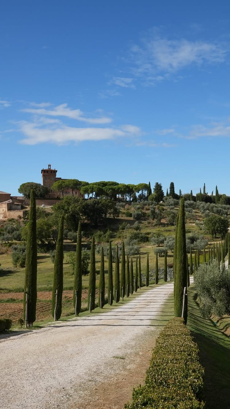 13 Pretty Places in Italy Worth Visiting in 2026 9 Gravel path lined with cypress trees leading to a Tuscan hillside villa.