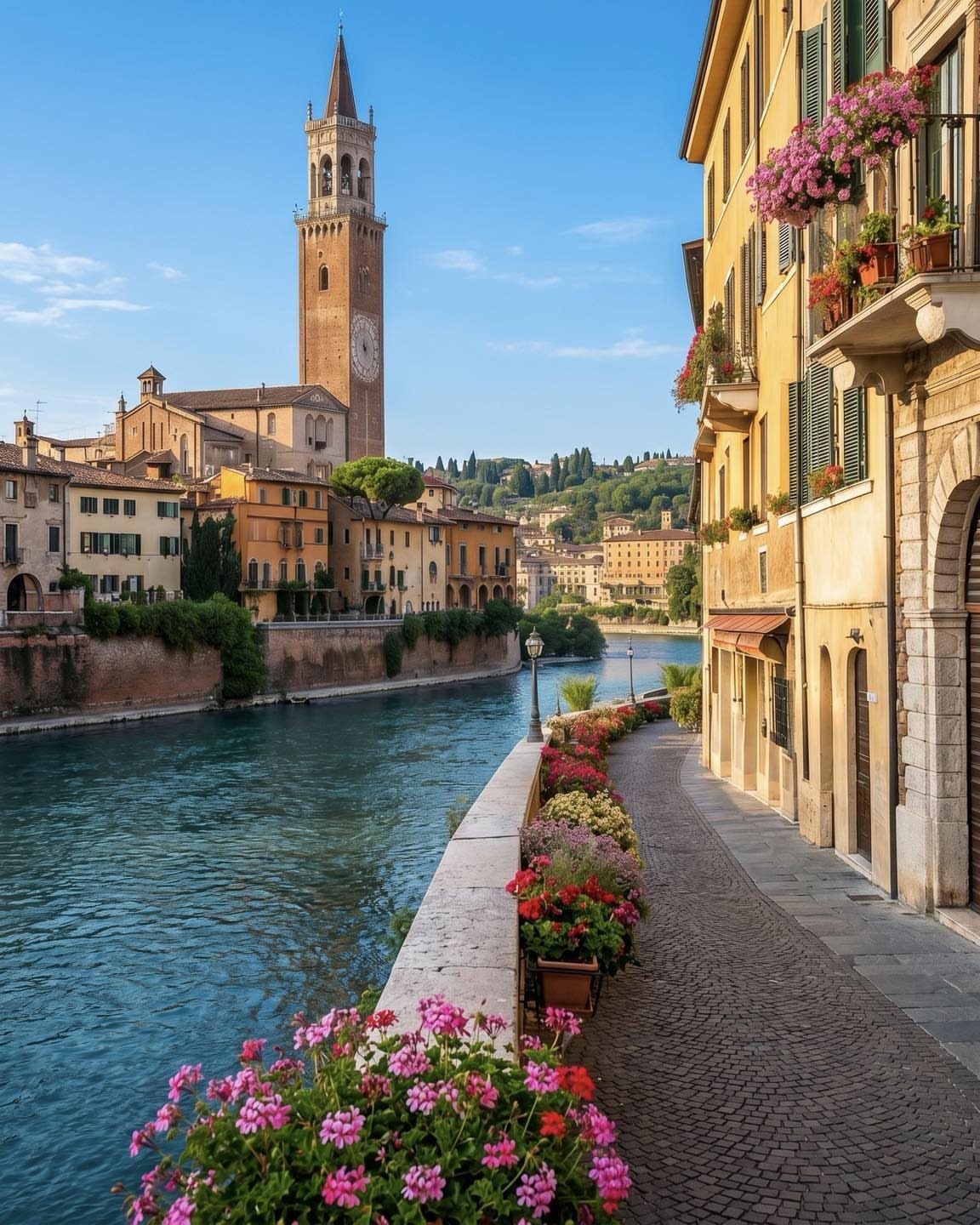 13 Pretty Places in Italy Worth Visiting in 2026 5 Riverside walkway in Verona with colorful flowers and a tall medieval clock tower.
