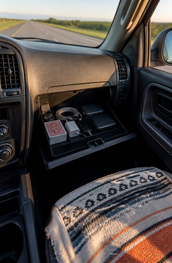 A glovebox filled with cards and a smartphone displaying podcasts.
