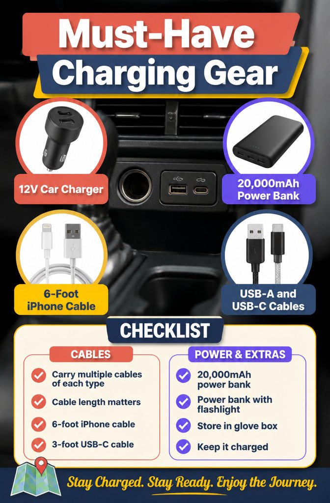A car charger with USB ports and various charging cables.