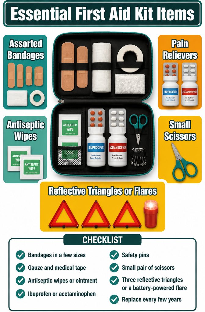 An essential first aid kit with various medical supplies and emergency flares.