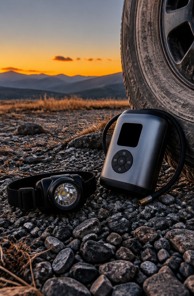 A headlamp next to a compact tire inflator on a gravel surface.