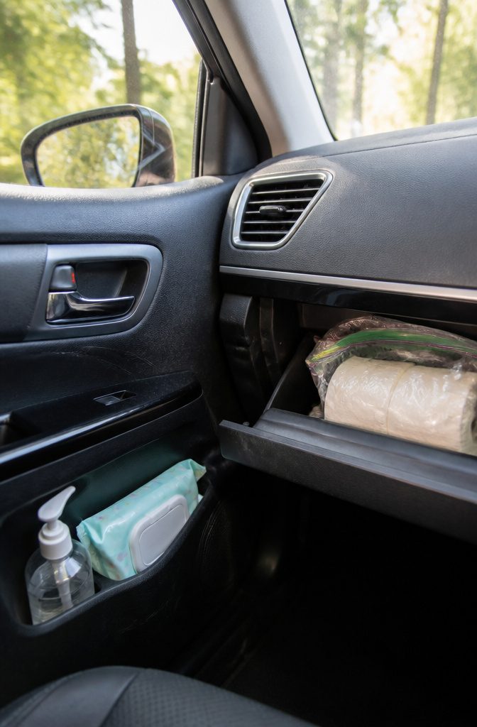 A pump bottle of hand sanitizer and baby wipes in a car door pocket.