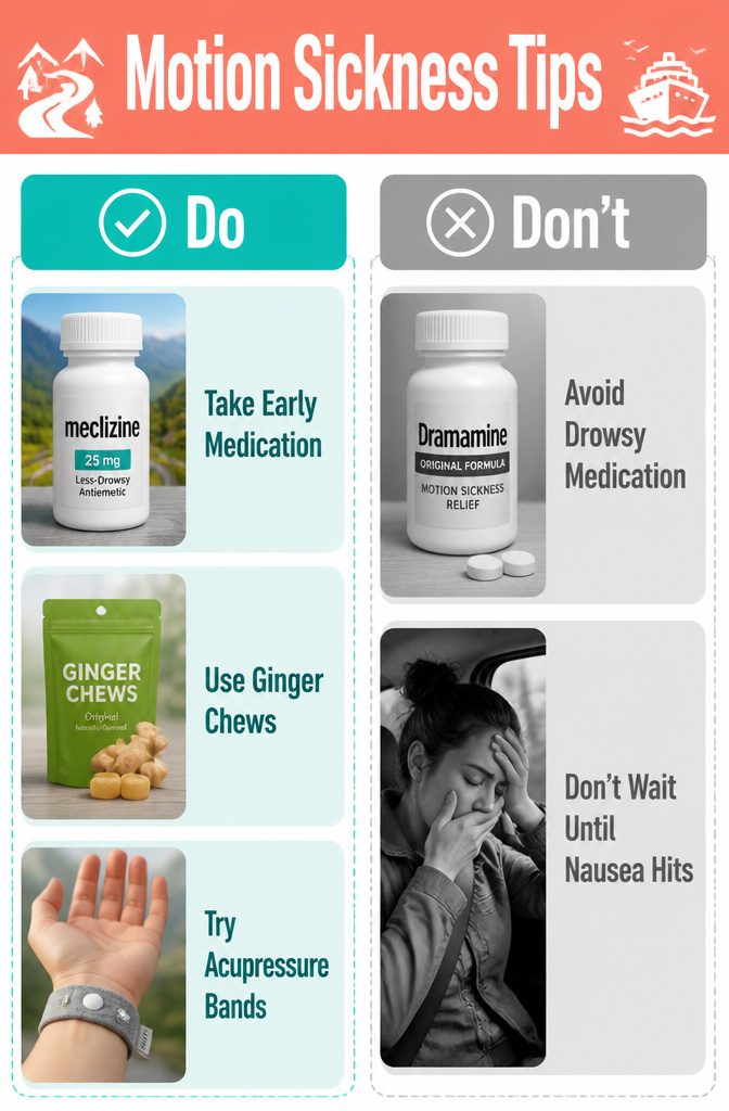 Motion sickness medication and ginger chews on a travel surface.