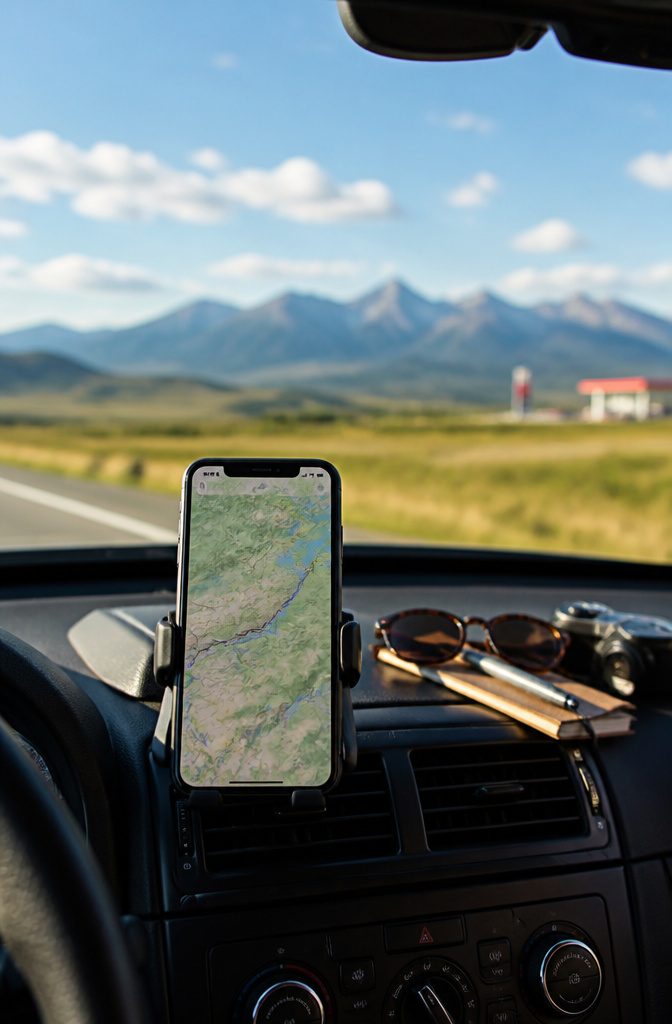 A phone mounted on a car vent displaying a map of the area.