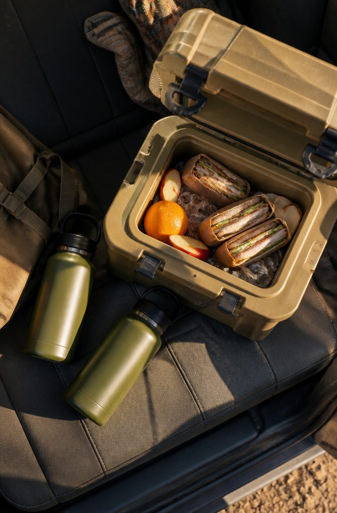 A large insulated water bottle and a cooler with food items.