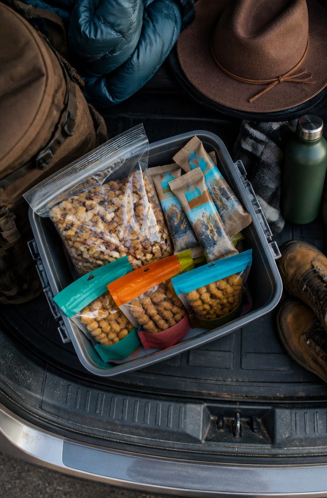 A selection of protein-rich snacks including nuts and Clif Bars.