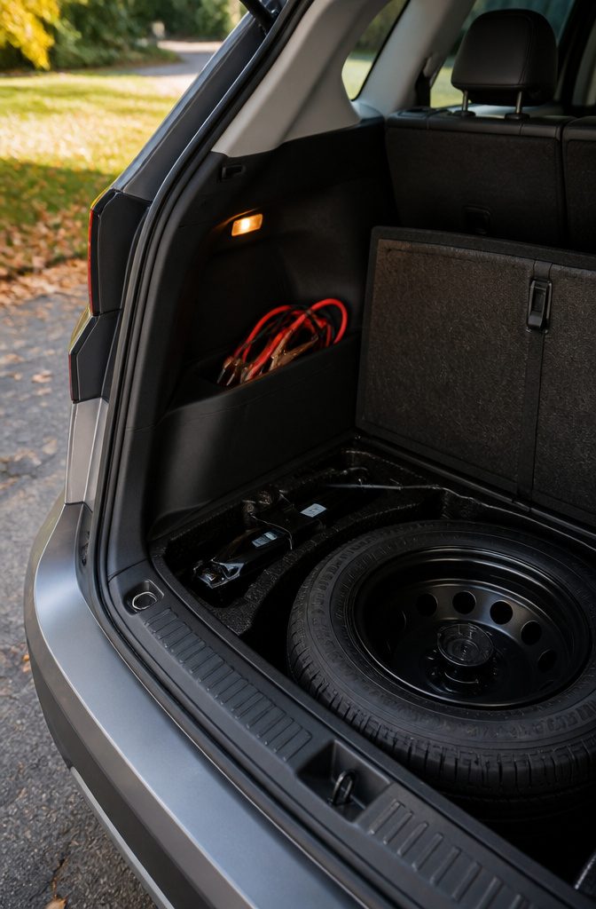 A spare tire, jack, and jumper cables neatly stored in a trunk.