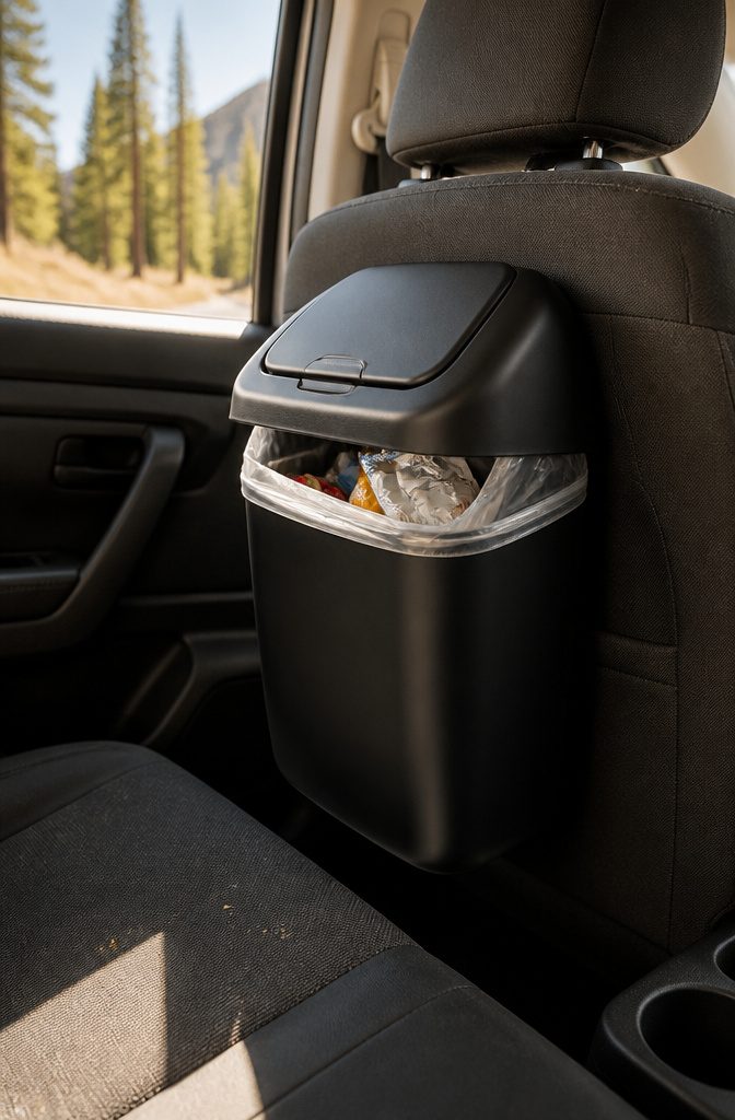 A car trash can attached to a headrest, ready for use.