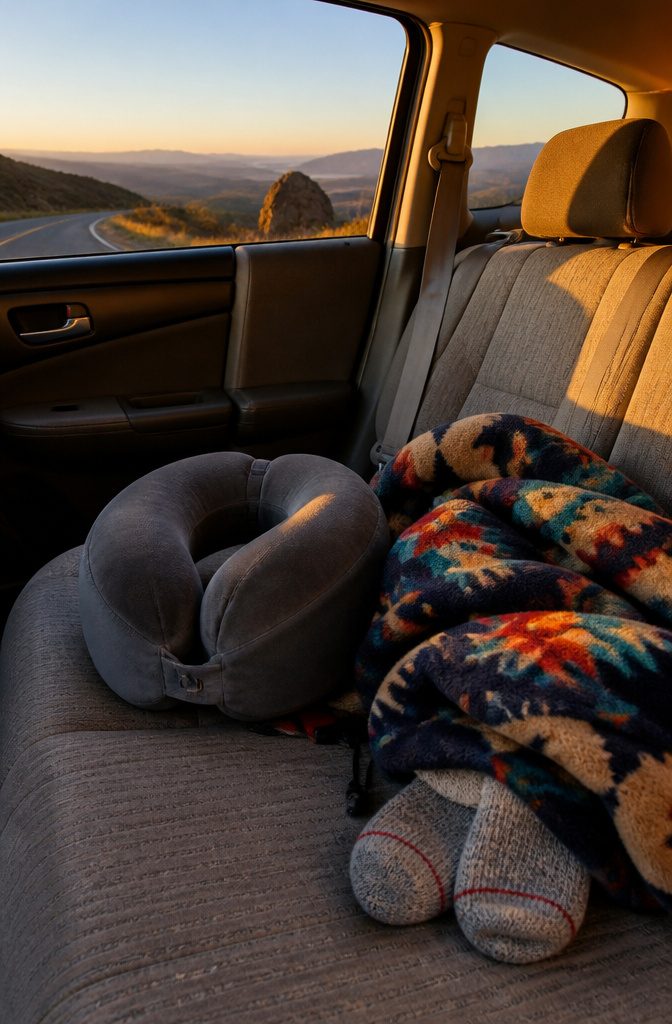 Cozy travel pillows and folded blankets in a car's backseat.
