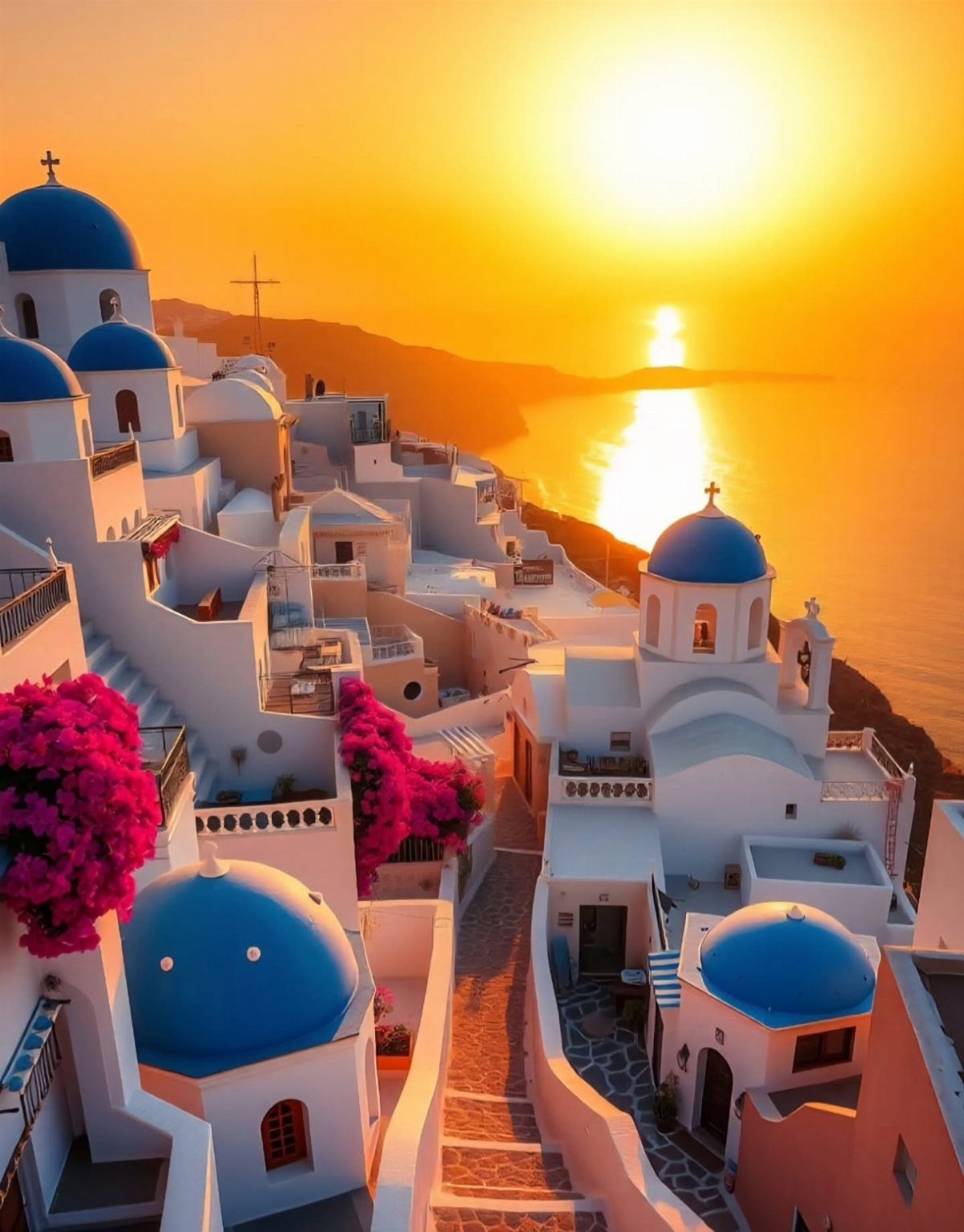White cliffside buildings with blue domes overlooking the ocean at golden sunset.