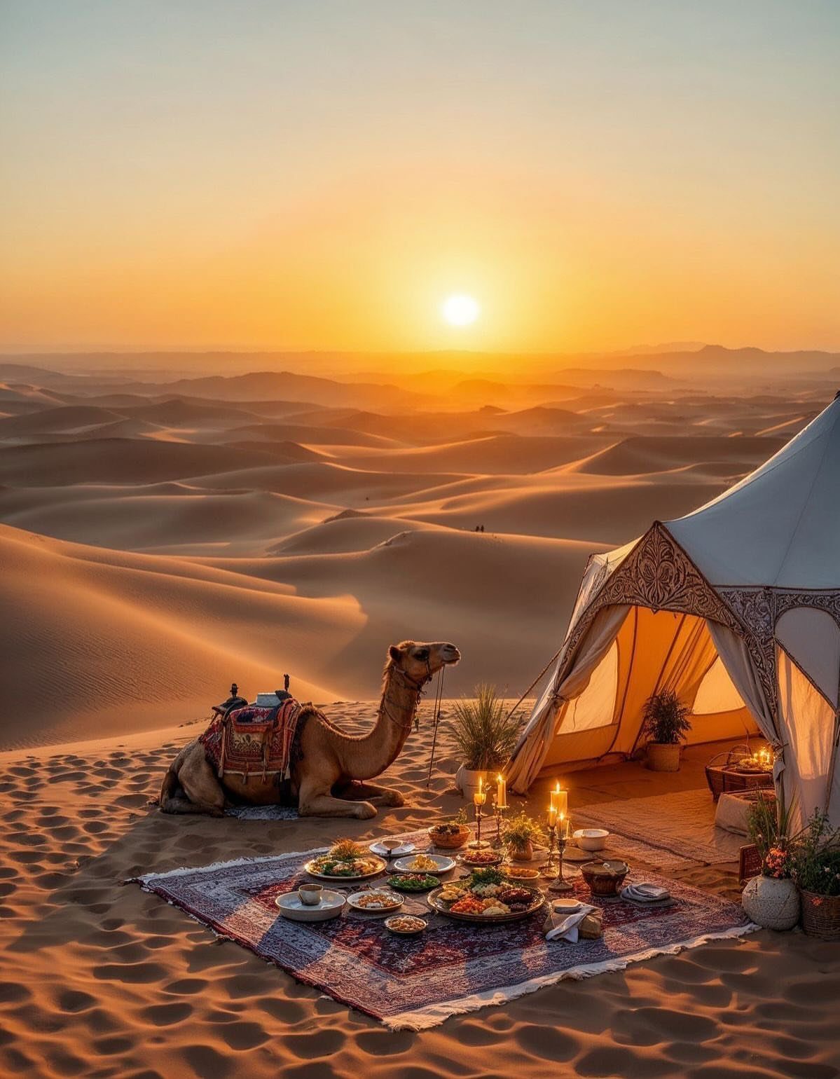 Camel and luxury tent with dinner spread on a rug in desert dunes