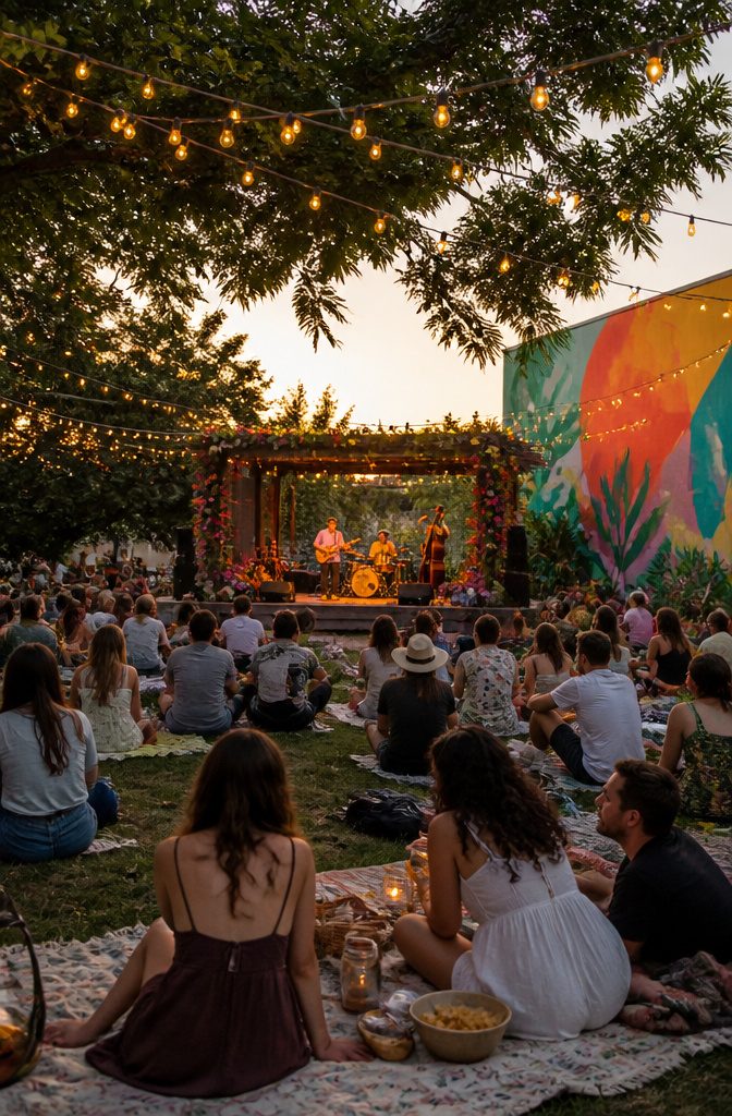 20 Summer Bucket List Ideas to Make 2026 Your Best Season 6 People sitting on blankets at an outdoor concert with a stage and lights.