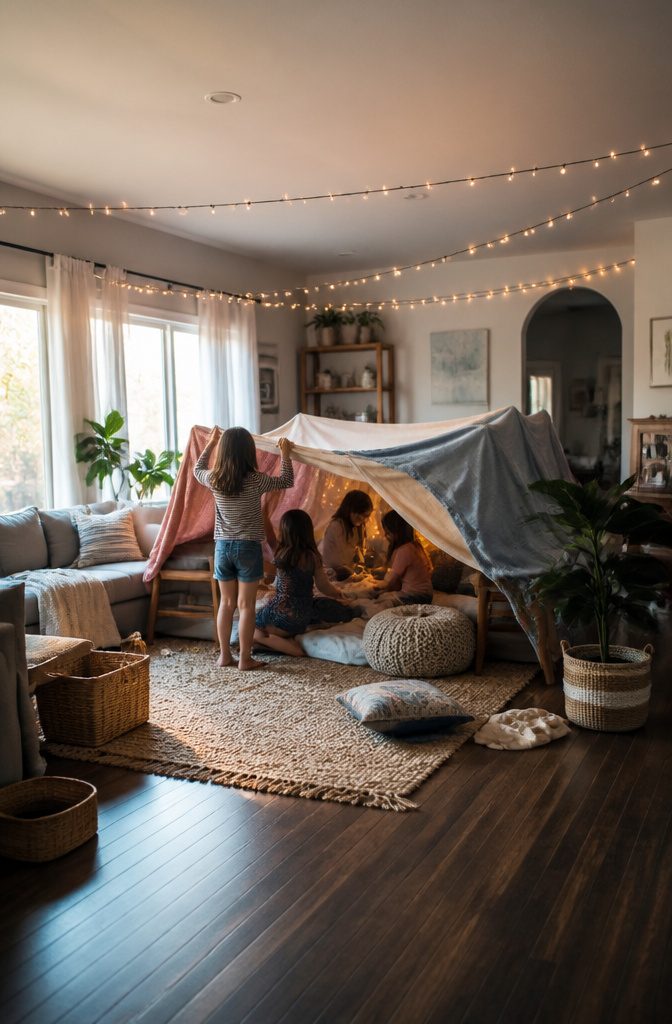 20 Summer Bucket List Ideas to Make 2026 Your Best Season 18 A blanket fort made with sheets and cushions in a living room.