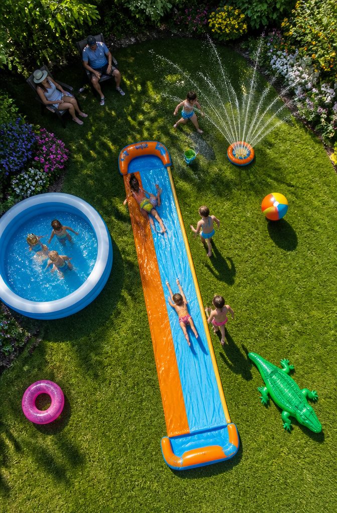 20 Summer Bucket List Ideas to Make 2026 Your Best Season 9 A slip-and-slide and sprinkler set up in a backyard for summer fun.