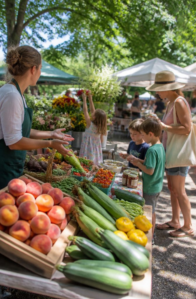 20 Summer Bucket List Ideas to Make 2026 Your Best Season 1 Colorful fruits and vegetables arranged on wooden tables at a farmers' market.