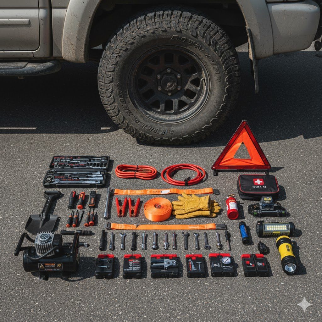 Roadside emergency kit tools laid out on pavement next to a car tire.
