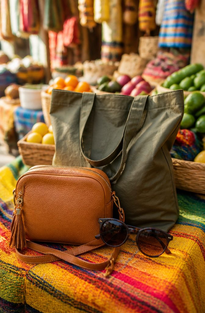 A selection of travel accessories including sunglasses and hats.
