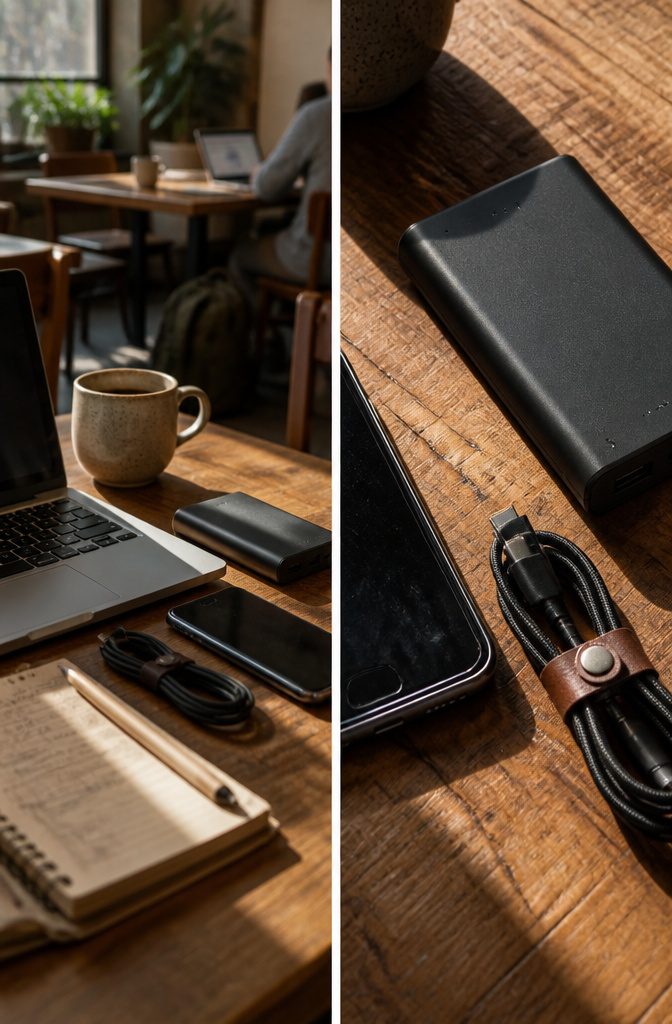 An assortment of electronics including a power bank and phone charger.