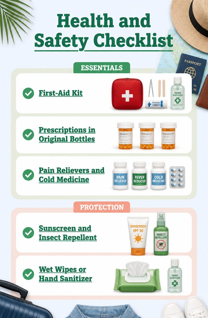 A small first-aid kit containing basic medical supplies for travel.