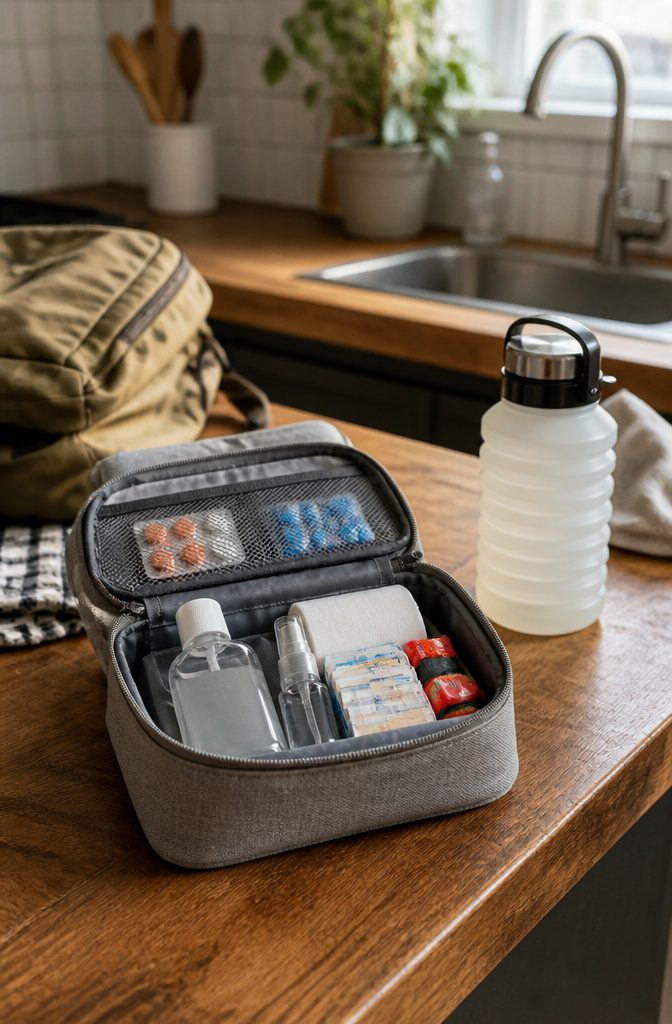 A travel pouch containing hand sanitizer, lozenges, and a first-aid kit.