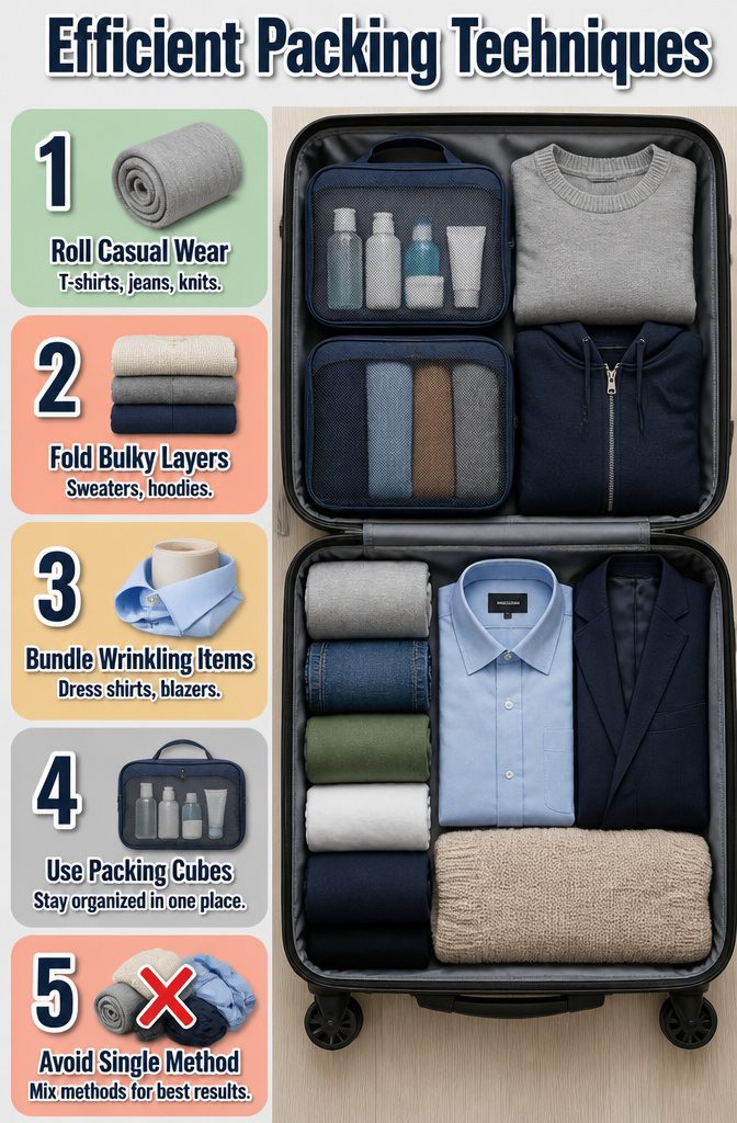 Packing cubes arranged inside a suitcase for organization.