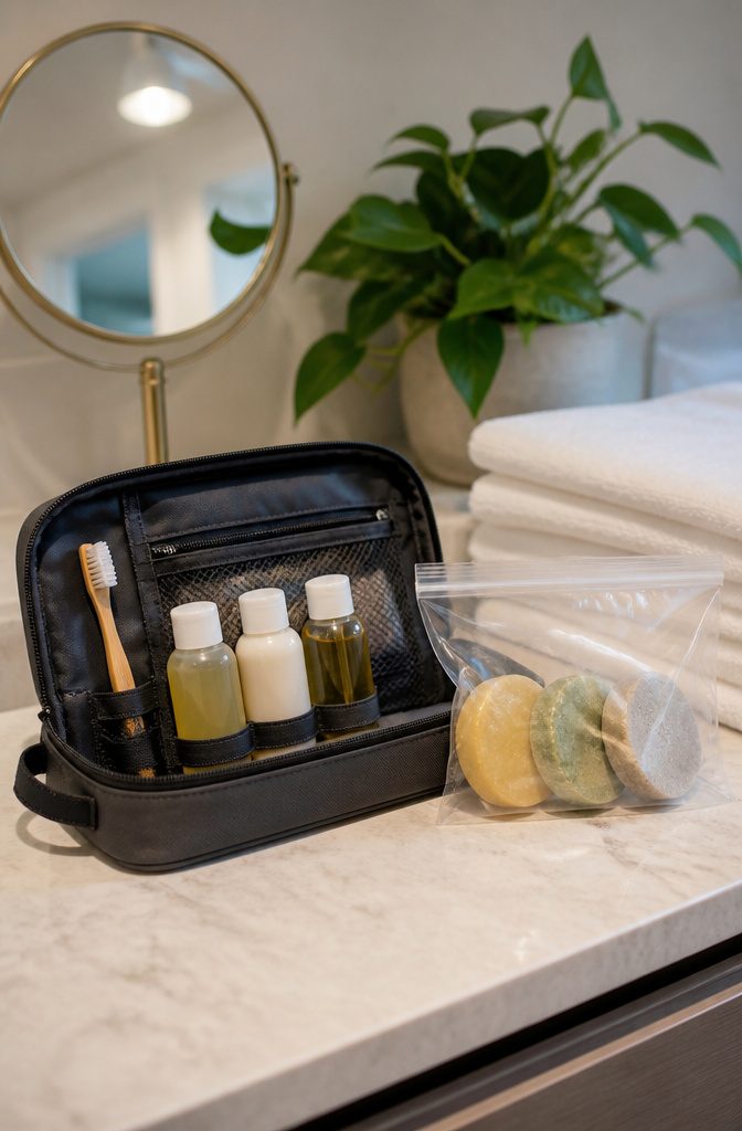 A toiletry pouch with travel-sized containers on a bathroom counter.