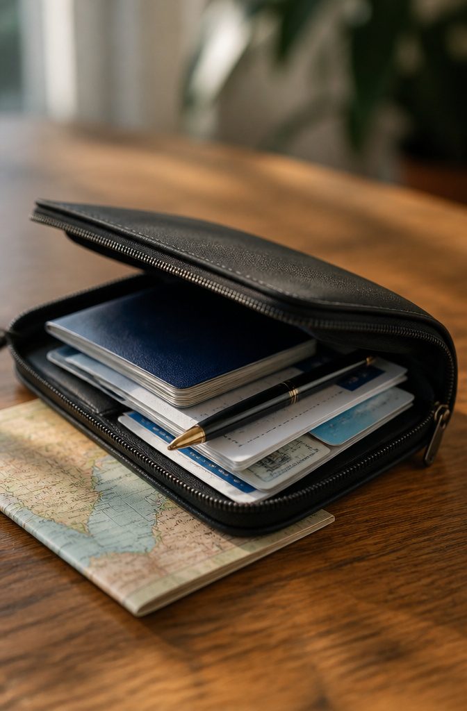 Travel documents including a passport and itinerary in a pouch.
