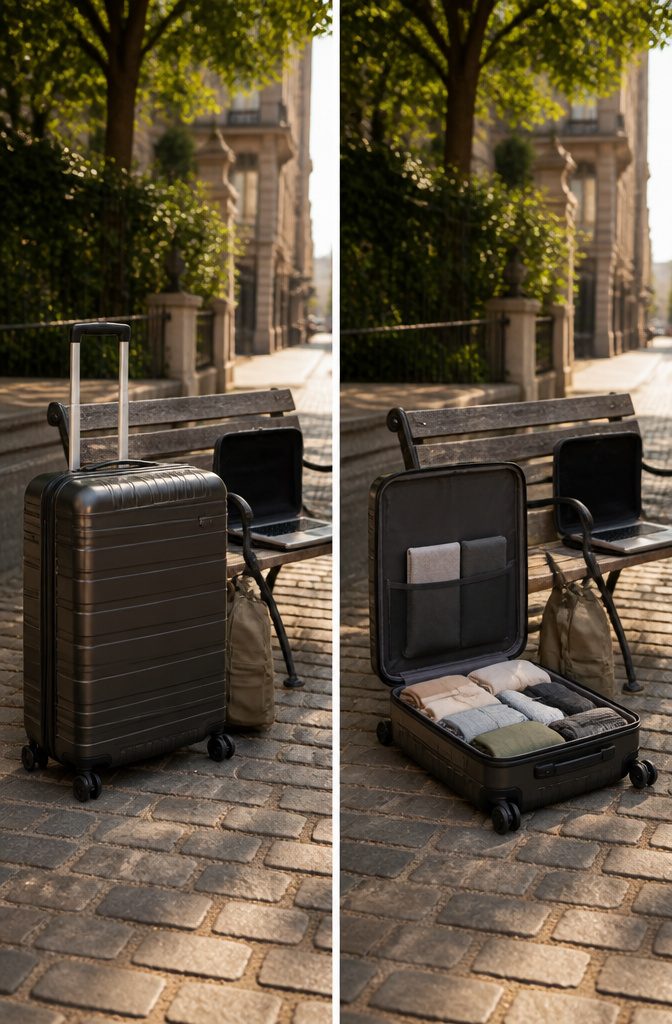 A 22-inch carry-on suitcase ready for travel.