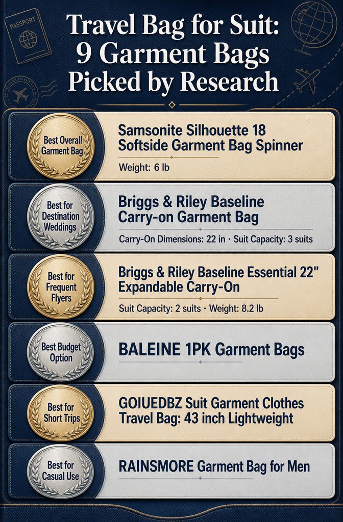 Travel Bag for Suit: 9 Garment Bags Picked by Research 4 An infographic comparing nine travel bags for suits with specifications listed.