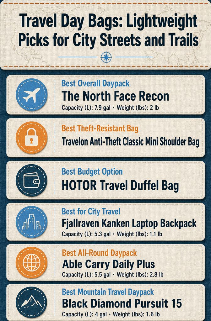 An infographic comparing different travel day bags with specifications listed.