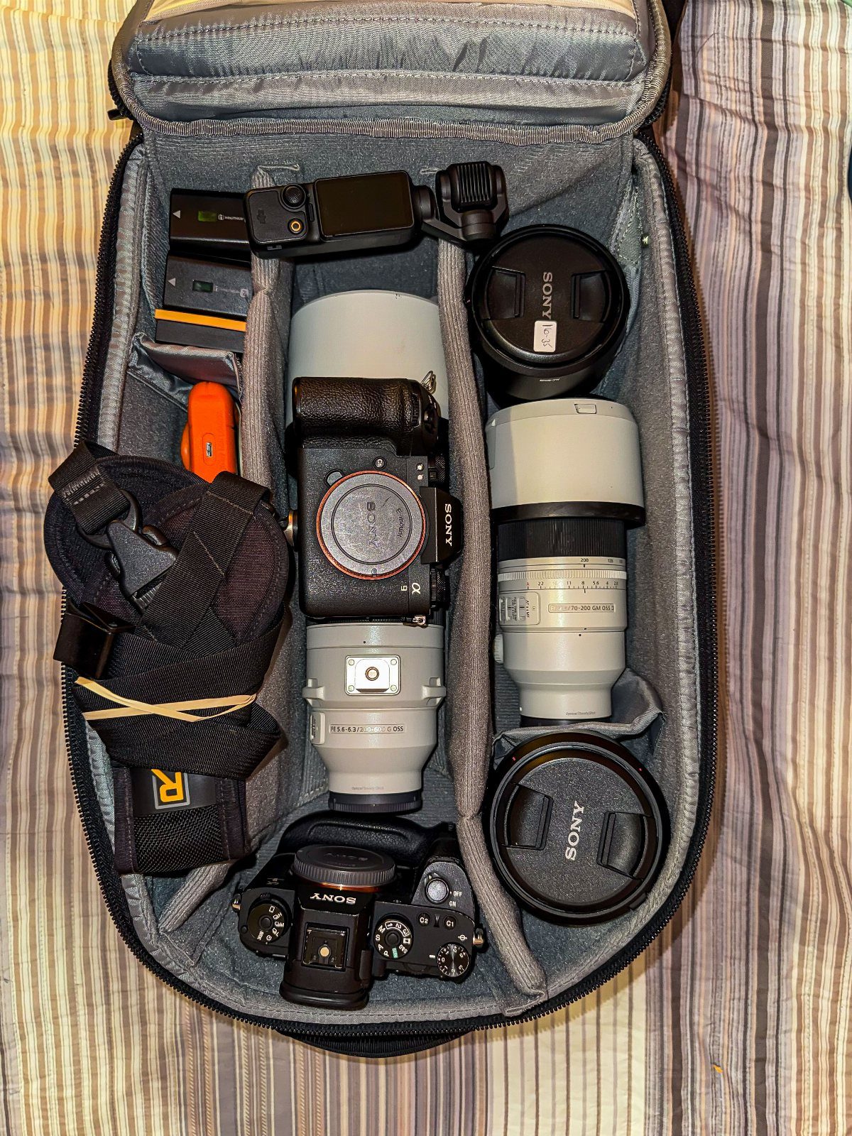 Travel Necessities for Japan: 10 Items Worth Packing 4 Camera equipment including Sony cameras and white lenses inside a grey padded bag.