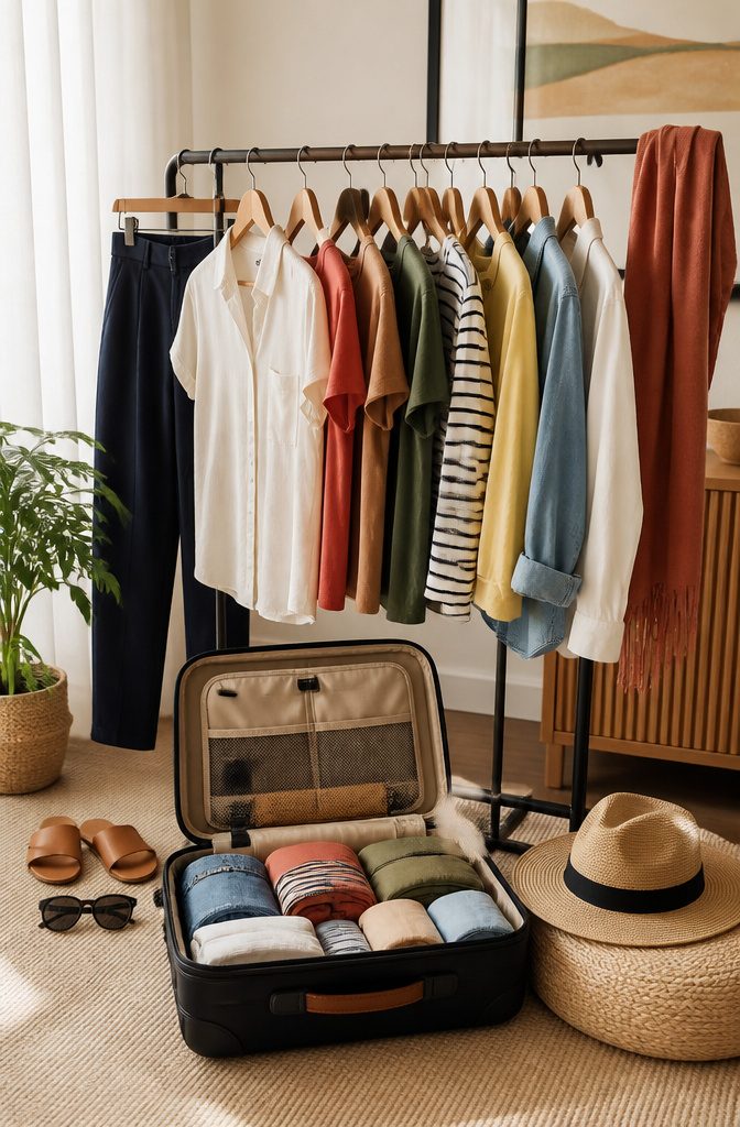 Travel Packing Hacks: A Research-Based Guide to Smarter Luggage 12 A selection of versatile clothing arranged on a rack.